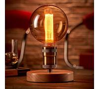 Auraglow Mysa Vintage Retro Wooden Round Base Brass Table, Desk or Bedside Lamp/Light - with G125 LED Bulb