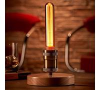 Auraglow Mysa Vintage Retro Wooden Round Base Mechanical Twist Switch Brass Table, Desk or Bedside Lamp/Light - with T30 LED Bulb