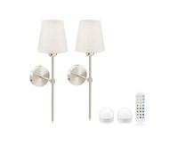 Auraglow Rechargeable Wireless LED Wall Light with Remote - Battery-Powered, Dimmable, Colour-Changing for Bedrooms & Living Rooms (Satin Nickel, Bundle: 2 Lamps, 2 Light Sources, 1 Remote)