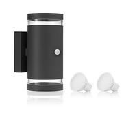 Auraglow PIR Double Up and Down Wall Light Anthracite Grey, Warm White | Motion sensor lamp, 8m range, PIR motion sensor, 2 bulbs included, IP65, for porch, garage and driveway