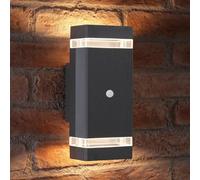 Auraglow PIR Double Up Down Wall Light Anthracite, Warm White GU10 LED | Motion sensor lamp, 8m range, dusk till dawn mode, twin beam glow, IP44, for porch, garage and driveway