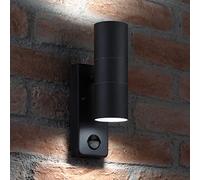 Auraglow PIR Motion Sensor Up and Down Wall Light Black Steel, Cool White | Security lamp with twin beams, LED bulbs included, IP44 weatherproof, for porch, garage, front door and drive