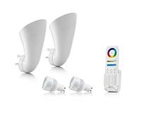 Auraglow Plug in Uplighters, Smart GU10 Bulbs, Eight Zone Remote, 2 Pack | Socket wall wash spotlights, no wiring, 16 million shades, up or down glow, for lounge, bedroom and hallway