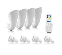 Auraglow Plug in Uplighters, Smart GU10 Bulbs, Eight Zone Remote, 4 Pack | Socket wall wash spotlights, no wiring, 16 million shades, up or down glow, for lounge, bedroom and hallway