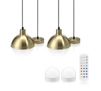 Auraglow Rechargeable Wireless Pendant Light with Remote - Cordless, Battery-Powered, Dimmable, Colour-Changing (Brass, 2 Lamps, 2 Light Sources, 1 Remote)