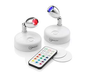 Auraglow Set of Two Wireless LED Battery Powered Indoor Spotlights with Remote Control, White Light and Colour Changing - Bedside, Reading, Cupboard, Picture and Display Lamps