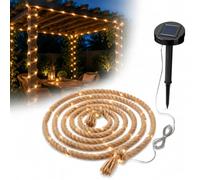 Auraglow Solar Hemp Rope String Lights 60 LED, Outdoor Fairy Garland | Rustic decoration for pergola, gazebo, post and tree, automatic dusk to dawn, rechargeable AA, stake mounted