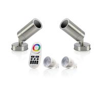 Auraglow Stainless Steel Outdoor Remote Controlled Colour Changing LED GU10 Wall Light Spotlight - Radio Frequency Remote - 2 Pack