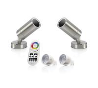 Auraglow Stainless Steel Outdoor Remote Controlled Colour Changing LED GU10 Wall Light Spotlight - Radio Frequency Remote - 2 Pack