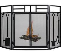 AuraHome ® 3 Fold Fireplace Screen Geometric Top with 4 Hanging Tools, Fire Screens Guard with Integral Double Doors,Fire Place Wood Burning Stove,Open Fireplace Wrought Iron, Black 83cm H x 127cm L