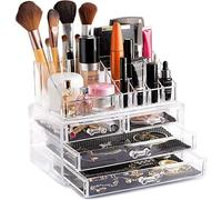 AuraHome Cosmetic Clear Makeup, Hair Clips & Jewellery Organiser, Clear Acrylic 20 Section Dressing Table Holder Easy Visibility Stackable or Table top Drawers with non slip draw inlays