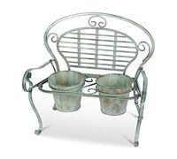 AuraHome Decorative Vintage Wrought Iron Bench Planter Patio Garden Flower Stand includes 2 Plant Pots Decorative Scroll Verdigris 50cm Wide x 48cm Height