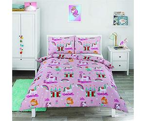 AuraHome Princess and Unicorns Childrens Cotton Rich Duvet and Pillowcase Set (Pink, Single)