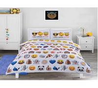 AuraHome Smiley Emoji Duvet Cover Pillowcase Set Reversible Kids Bedding White Cotton Rich Fabric Soft Durable Children Bedroom Set Double Size 200 x 200 cm Easy Care Premium Quality Comfort Fit Style