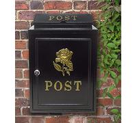 Aurahome ® Vintage Weatherproof Post Box Classic Rose Design-Lockable Heavy Duty Secure Wall Mounted Letter Mail Post Box Post for Walls/Gates/Garages..Charming easy to fit (Black with Gold Rose)