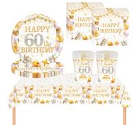 AURALIN 60th Birthday Tableware Set White Gold 53 Pieces for 16 Guests | Includes 16 nine-inch paper plates 16 cups 20 napkins and a 137 x 274 cm tablecloth for milestone celebrations