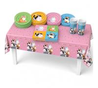 AURALIN Cat Party Tableware Set 69 Pieces with Plates Cups and Tablecloth | Includes seven-inch and nine-inch paper plates 250 ml cups napkins and a 137 x 274 cm tablecloth for party dining