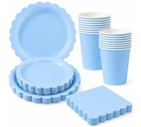 AURALIN Light Blue Scalloped Party Tableware Set 68 Pieces Cups and Plates | Includes 16 paper cups 16 nine-inch plates 16 seven-inch plates and 20 napkins for coordinated party dining