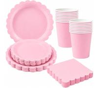 AURALIN Pink Scalloped Party Tableware Set 68 Pieces Cups and Plates | Includes 16 paper cups 16 nine-inch plates 16 seven-inch plates and 20 napkins for coordinated party dining