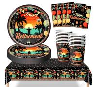 AURALIN Retirement Tableware Set 53 Pieces with Tablecloth for 16 Guests | Tropical sunset plates cups napkins and 137 x 274 cm tablecloth for office farewells and work leaving celebrations
