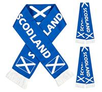 AURALIN Scotland Supporter Scarves 2 Pack with SCODLAND Print | Blue-and-white polyester scarves with white fringe; the printed lettering reads SCODLAND