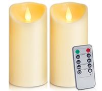 Auralome LED Battery Operated Candles - 6”x3” Remote Control Timer Pillar Candle Flameless Realistic Flickering Large Plastic LED Candle Outdoor Electric Fake Artificial Church Candle Ivory Set of 2