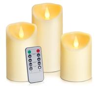 Auralome LED Electric Timer Candles - Battery Operated Plastic Pillar Candle with Remote Control Realistic Flickering Flame Candle Fake Lights Artificial Large Church Real Cande Outdoor Set of 3