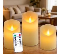 Auralome LED Flickering Candles - Battery Operated Flameless Real Wax Pillar Candles Moving Wick D 3.15" x H 4" 5" 6" Realistic Remote Control Timer Flame Electric Lights for Home Wedding Ivory 3 Pcs