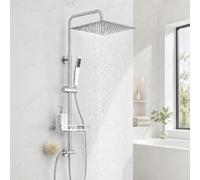 Auralum Adjustable Shower Riser Rail Kit with 12" Square Rainfall Shower Head (304 Stainless Steel), Handheld Shower, No Drill Shelf & Shower Rail, Chrome Shower Set (Without Mixer) for UK Bathrooms