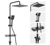 Auralum Adjustable Shower Riser Rail Kit with No Drill Shelf,10" Large Rainfall Shower Head,Square Handheld Shower with Rotating Bracket, Black Shower Set Easy DIY Install Fits UK Bathrooms