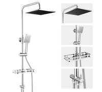 Auralum Adjustable Shower Riser Rail Kit with No Drill Shelf,10" Large Rainfall Shower Head,Square Handheld Shower with Rotating Bracket, Chrome Shower Set Easy DIY Install Fits UK Bathrooms