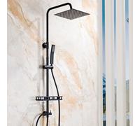 Auralum Shower Riser Rail Kit with 10" Square 304 Stainless Steel Rainfall Shower Head, Handheld Shower, No-Drill Shelf & Adjustable Shower Rail, Black Shower Set (Without Mixer) for UK Bathrooms