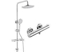 Auralum Thermostatic Shower Mixer Set, 10" Round Rain Shower Head and 4 Function Shower Head, 65-110cm Adjustable Rail & No-Drill Shelf, Anti-Scald Anti-Corrosion, Easy Fit Old Holes