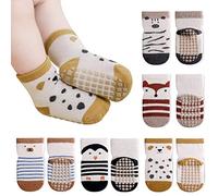 Auranso Baby Socks 5 Pairs Boys Non Slip Grip Socks Kids Girls Cotton Cartoon Animal Toddler Sock with Grips 6-12/12-18 Months, UK Size 1-9.5