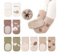 Auranso Baby Socks 5 Pairs Boys Winter Warm Terry Non Slip Grip Socks Girls Cartoon Pattern Thick Thermal Toddler Socks with Grips 6 12 18 Months, UK Size 1-9.5 Kids