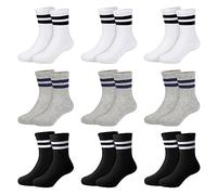 Auranso Toddler Socks 9 Pairs Kids Athletic Cushioned Ankle Crew Socks Black White Grey Striped Cotton School Sports Socks for Boys Girls Junior, 4-6 Years