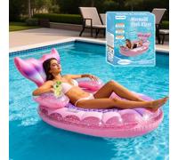 AURASUN 63" X 39" Inflatable Mermaid Tail Pool Float with Cup Holder & Armrest & Handles - Large Lounge Floaties for Adults - Tanning Float Sunbathing Bed Travel Pool Beach Lake Water Rafts