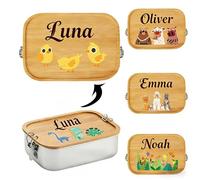 AuraWeave Personalised Stainless Steel Lunch Box with Bamboo Lid, 1200ml, Compartmentalized Bamboo Lunch Box for Kids, Custom Name & Animal Design, Reusable Eco-Friendly Gift for School & Picnics