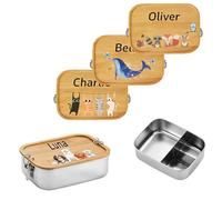 AuraWeave Personalised Stainless Steel Lunch Box with Bamboo Lid, Compartmentalized Bamboo Lunch Box for Kids, Custom Name & Animal Design, Reusable Eco-Friendly Gift for School & Picnics (1200ml)