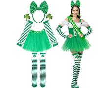 Aurblyn 6 PCS St Patrick's Day Costume Accessories Set for Women Green Tutu Skirt with Shamrock Headband Earrings Socks Arm Sleeves Saint Patricks Day Party Supplies for Irish Fancy Dress