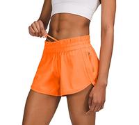 Aurefin 4'' Women's Low Waisted Running Shorts,Quick Dry Athletic Shorts with Liner and Zipper Pocket, Orange, XS