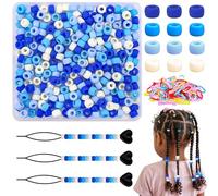 AUREHEN 200PCs Silicone Pony Beads Kit for Braiding with Storage Box, 100PCs Elastic Rubber Bands and 3 Beading Tools, Soft Hair Beads Bulk for Hair Accessories DIY Crafts (Blue Series)
