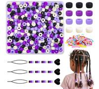 AUREHEN 200PCs Silicone Pony Beads Kit for Braiding with Storage Box, 100PCs Elastic Rubber Bands and 3 Beading Tools, Soft Hair Beads Bulk for Hair Accessories DIY Crafts (Purple Series)