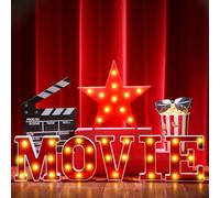 Aurelema 7 Pcs Large Movie Light up Letters Sign LED Movie Night Party Decorations Include Movie Letters Film Clap Board and Marquee Star Sign for Movie Night Party Table Centerpieces (Small)