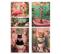 Aurelx 4 Pcs Canvas Animal Wall Art, Vintage Humor Bathroom Wall Art, Unframed Personalised Canvas Prints for Toilet, Funny Bathroom Decor, 20×30 cm
