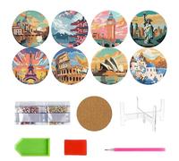 Aurelx 8 PCS Famous Buildings Diamond Art Coasters Kits, Landscape Wooden Diamond Painting Coasters with Acrylic Holder, 5D Full Gem Art Coaster Making Kit with Toolkit for Craft Enthusiasts Adult