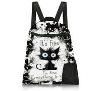 Aurelx Black Cat Drawstring Bags, Waterproof Swim PE Bag, Cute Cat Drawstring Backpack for School Swimming Travel Beach, Portable Draw String Bags for Women and Men