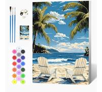 Auremi Beach Chair Paint by Numbers Kits for Adults Kids,Landscape Painting Kits for Beginners On Clear Symbols Canvas with Wooden Framed, Easy Landscape DIY Acrylic Pigment Drawing Paintwork 20x30cm