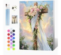 Auremi Cross Paint by Numbers Kits Kids Adults, Flower Painting by Number Kits On Canvas,Framed DIY Color Oil Painting Acrylic Paints,Home Wall Decor 20x30cm