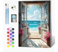 Auremi Door Beach Paint by Numbers Kits Kids Adults, Landscape Painting by Number Kits On Canvas,Framed DIY Color Oil Painting Acrylic Paints,Home Wall Decor 20x30cm